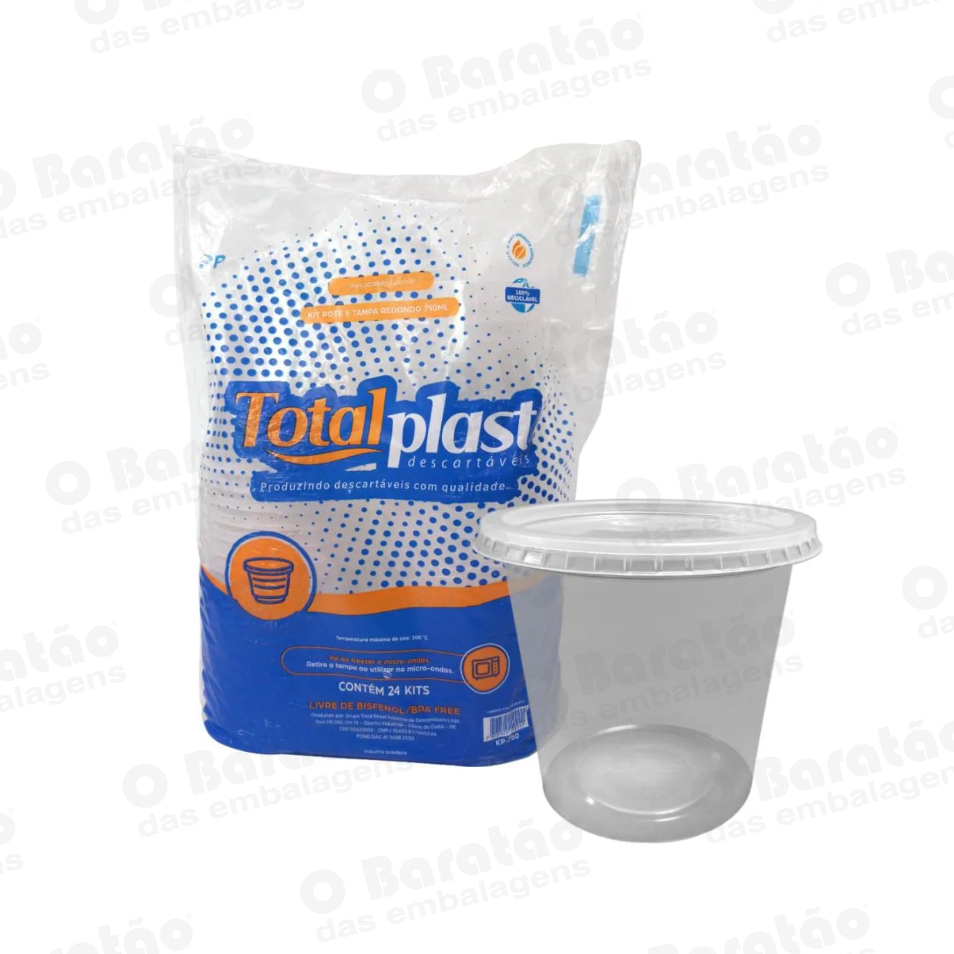 KIT POTE 750ML REDONDO PP TOTALPLAST